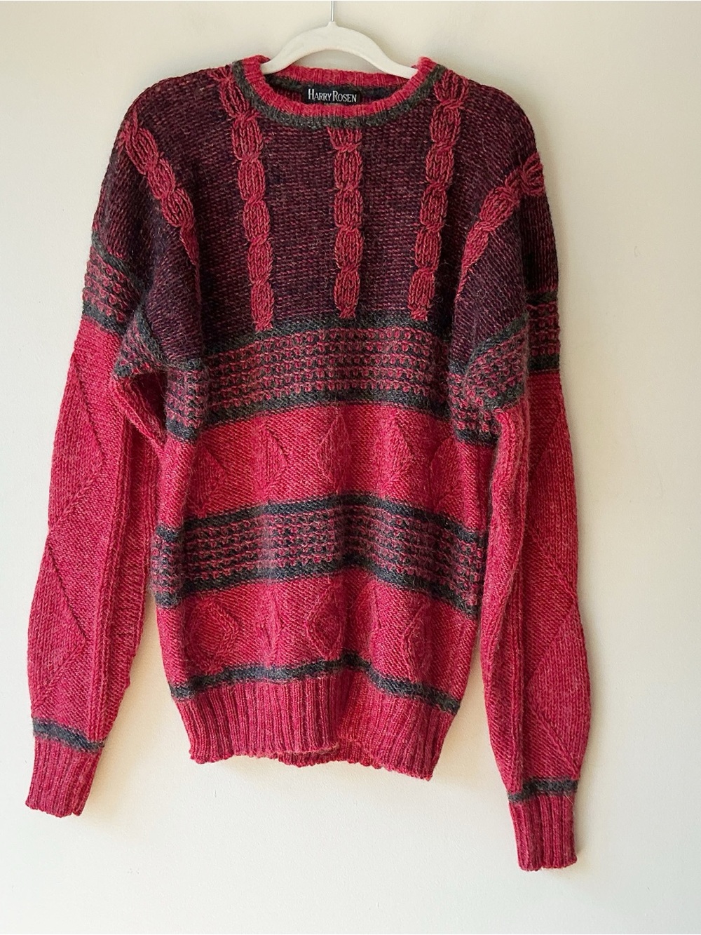 Vintage Harry Rosen Wool & Mohair Blend Cable Knit Sweater in Red & Black Size L - Picture 3 of 9